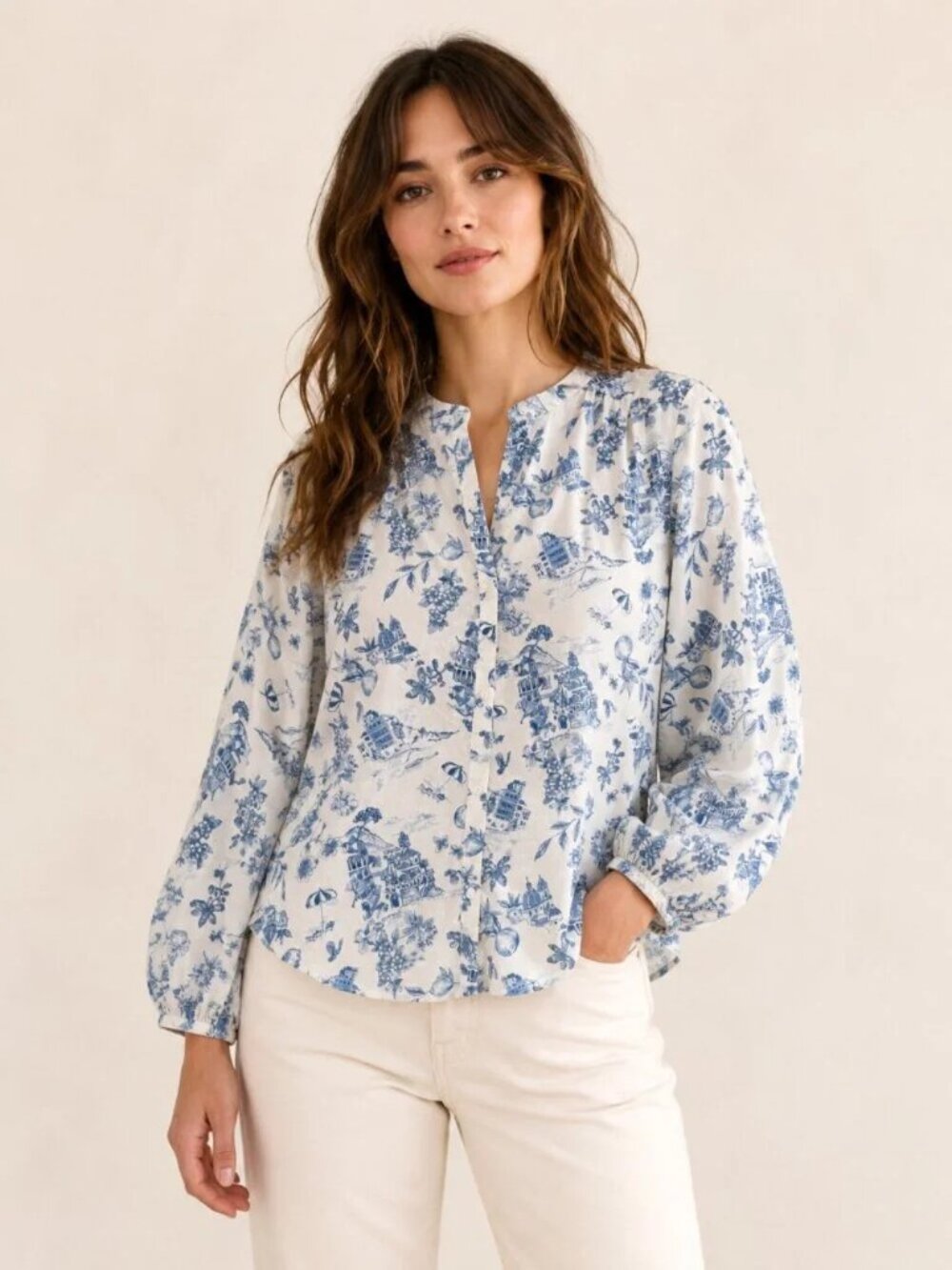 Lucky Brand Peasant Blouse Floral Mediterranean Toile Print Cottage Cotton Small